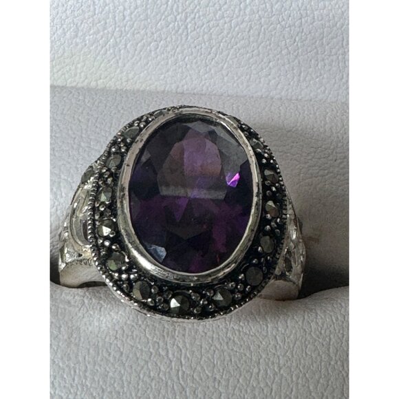 Sterling Silver Jewelry - Unbranded Ring Womens Size 8 925 Sterling Marcasite Halo Oval Purple Stone